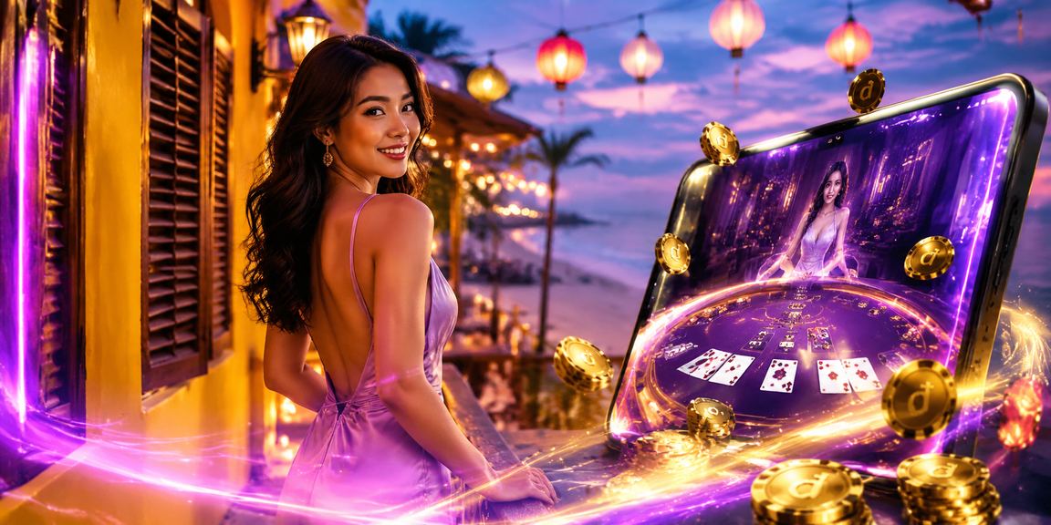Không gian ven bờ biển Hội An buổi tối với người chơi baccarat trực tuyến trên điện thoại